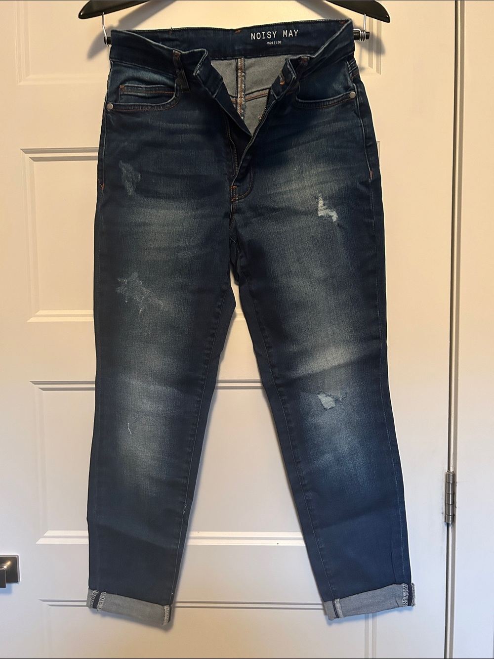 Noisy May Dark Blue Distressed Relaxed cropped Jeans